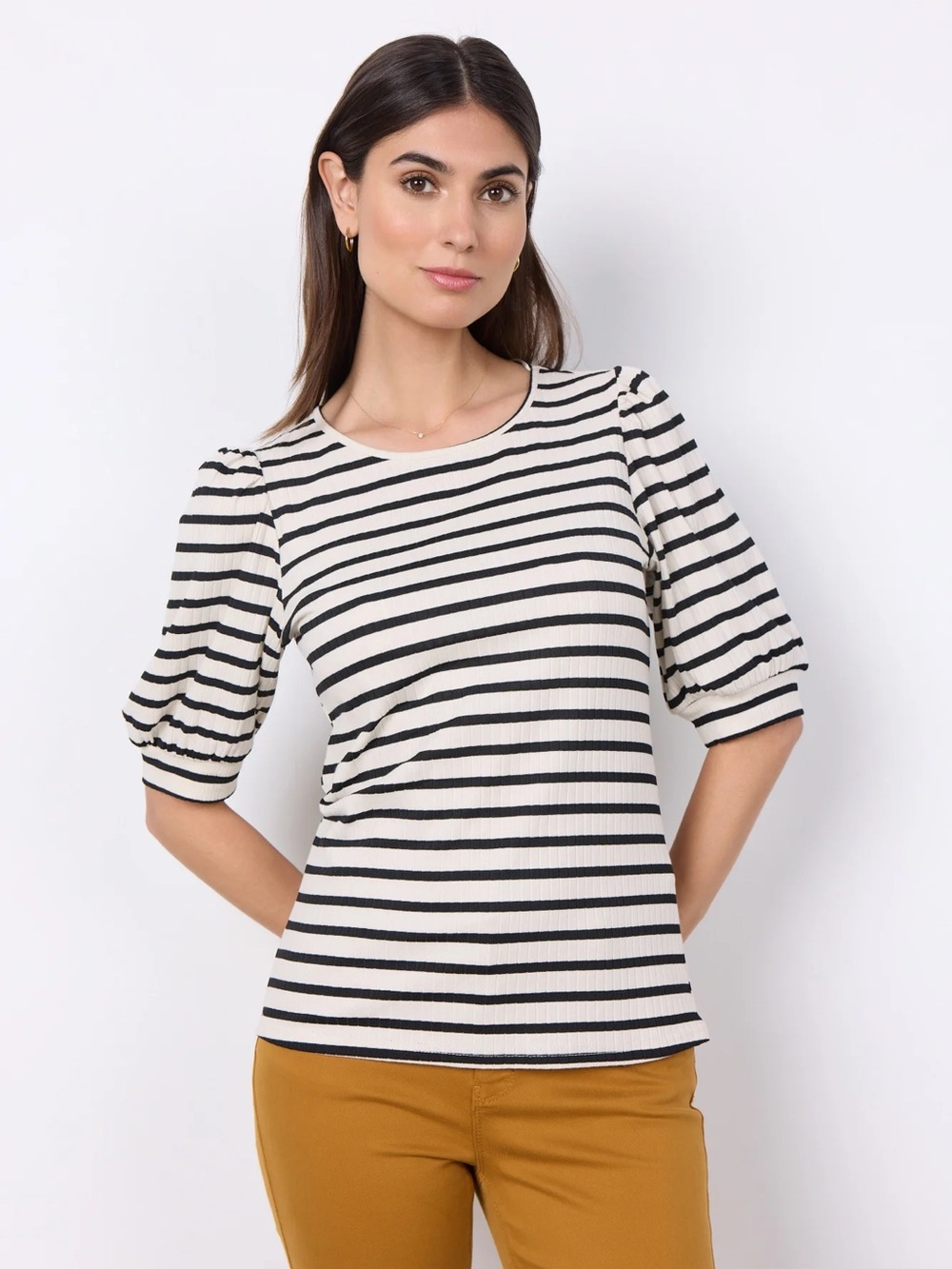 Striped Puff-Sleeve Top in Black and Cream XS
